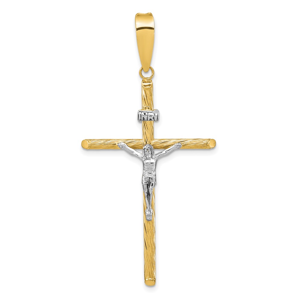 K9969.jpg 14K and White Rhodium Polished and Textured INRI Crucifix Cross Pendant - Image 1