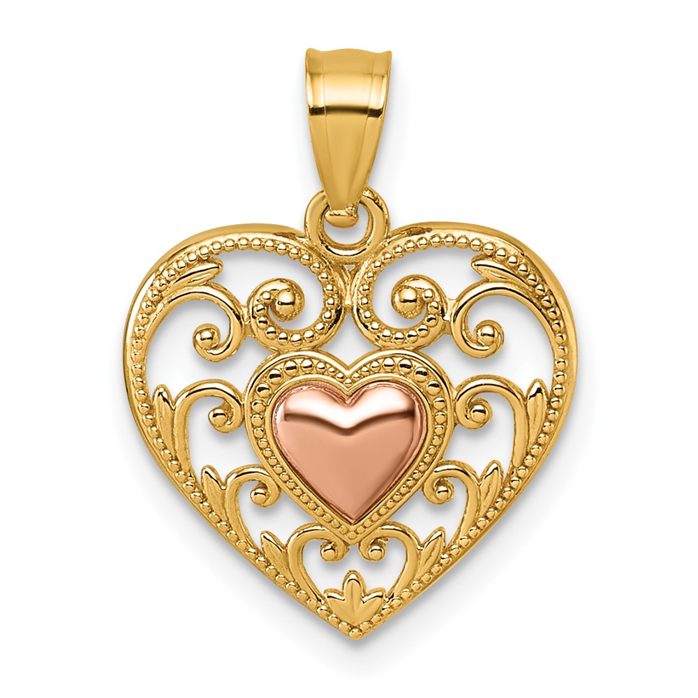 K9993.jpg 14k Two-tone Polished And Textured Fancy Filigree Heart In Heart Pendant - Image 1