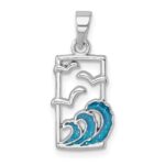Sterling Silver Rhodium-plated Polished Sea Gull and Enameled Wave Pendant