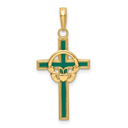 14k Green Enameled Claddagh Cross Pendant