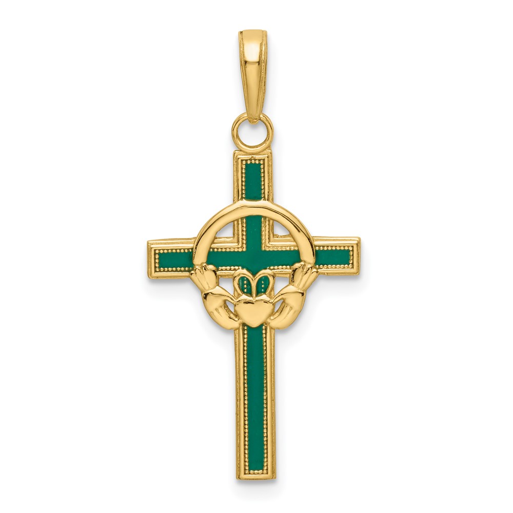 M1338EG.jpg 14k Green Enameled Claddagh Cross Pendant - Image 1