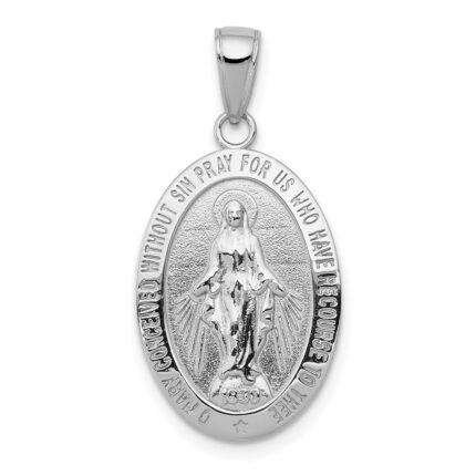 14k White Gold Polished and Satin Solid Miraculous Medal Oval Pendant