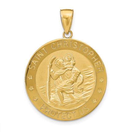 14k Polished and Satin Solid Saint Christopher Medal Round Pendant