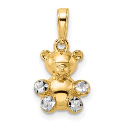 14k and White Rhodium 3-D Diamond-cut Teddy Bear Pendant