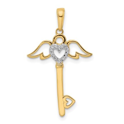 14k and White Rhodium Diamond-cut Heart/Angel Wings Key Pendant
