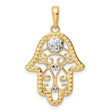 14k and White Rhodium Diamond-cut Evil Eye Filigree Hamsa Pendant