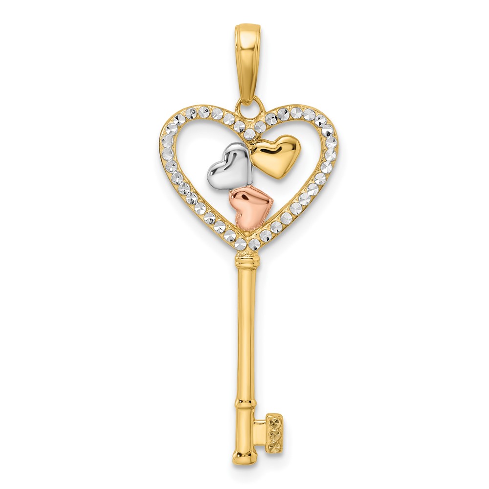 M2965.jpg 14k with White and Rose Rhodium Diamond-cut Hearts Key Pendant - Image 1