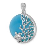 Sterling Silver Rhodium-Plated Polished Blue Agate Turtle and Reef Round Pendant - Image 4