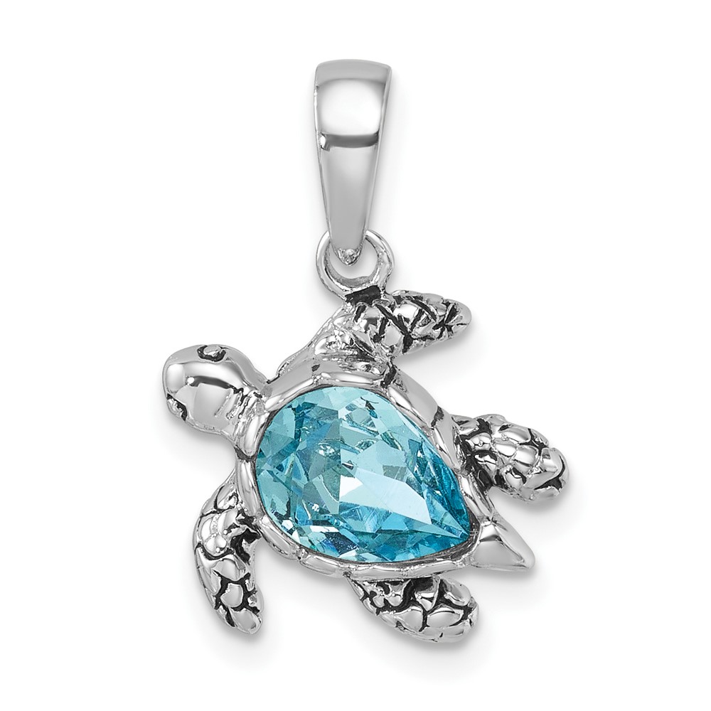 PLP-344.jpg Sterling Silver Rhodium-plated Polished and Antiqued Blue Crystal Turtle Pendant - Image 1