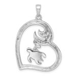 Sterling Silver Rhodium-plated Polished and Antiqued Blue Crystal Turtle Heart with Wave Pendant - Image 3