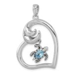 Sterling Silver Rhodium-plated Polished and Antiqued Blue Crystal Turtle Heart with Wave Pendant - Image 4