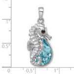 Sterling Silver Rhodium-plated Polished Crystal Background Seahorse Pendant - Image 5