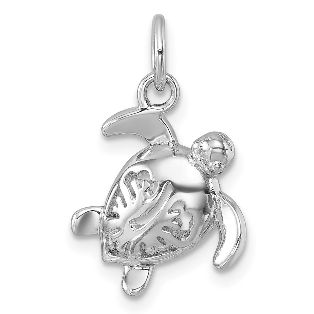 PLP-611.jpg Sterling Silver Rhodium-Plated Tiny Turtle with Flower Back Pendant - Image 1