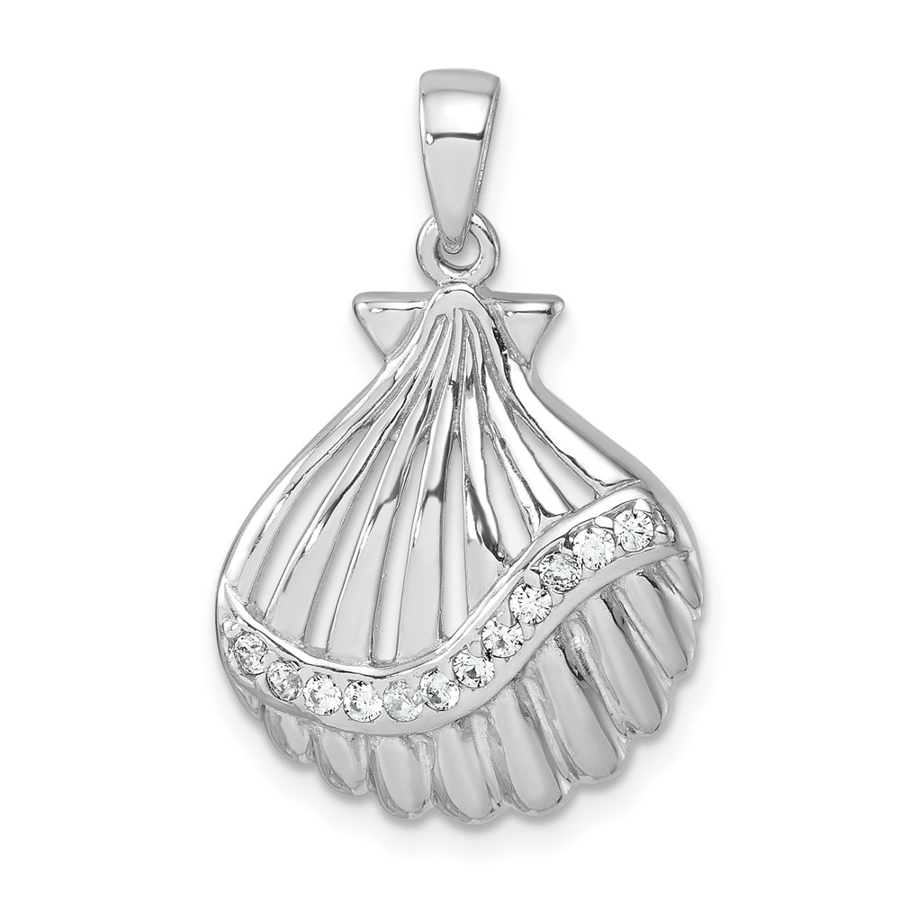 PLP-770.jpg Sterling Silver Rhodium-plated Polished CZ Scallop Shell Pendant - Image 1
