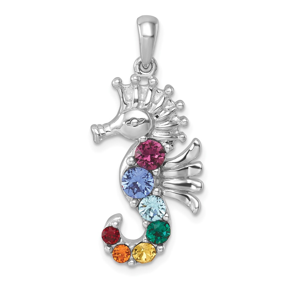 PLP-771.jpg Sterling Silver Rhodium-plated Polished Multi-Color Crystal Seahorse Pendant - Image 1