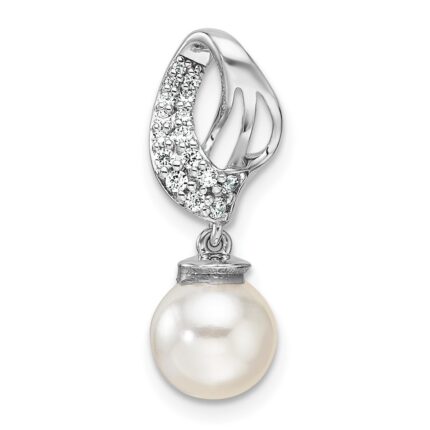 14K White Gold Polished 1/10 carat Diamond and White Freshwater Cultured Pearl Chain Slide