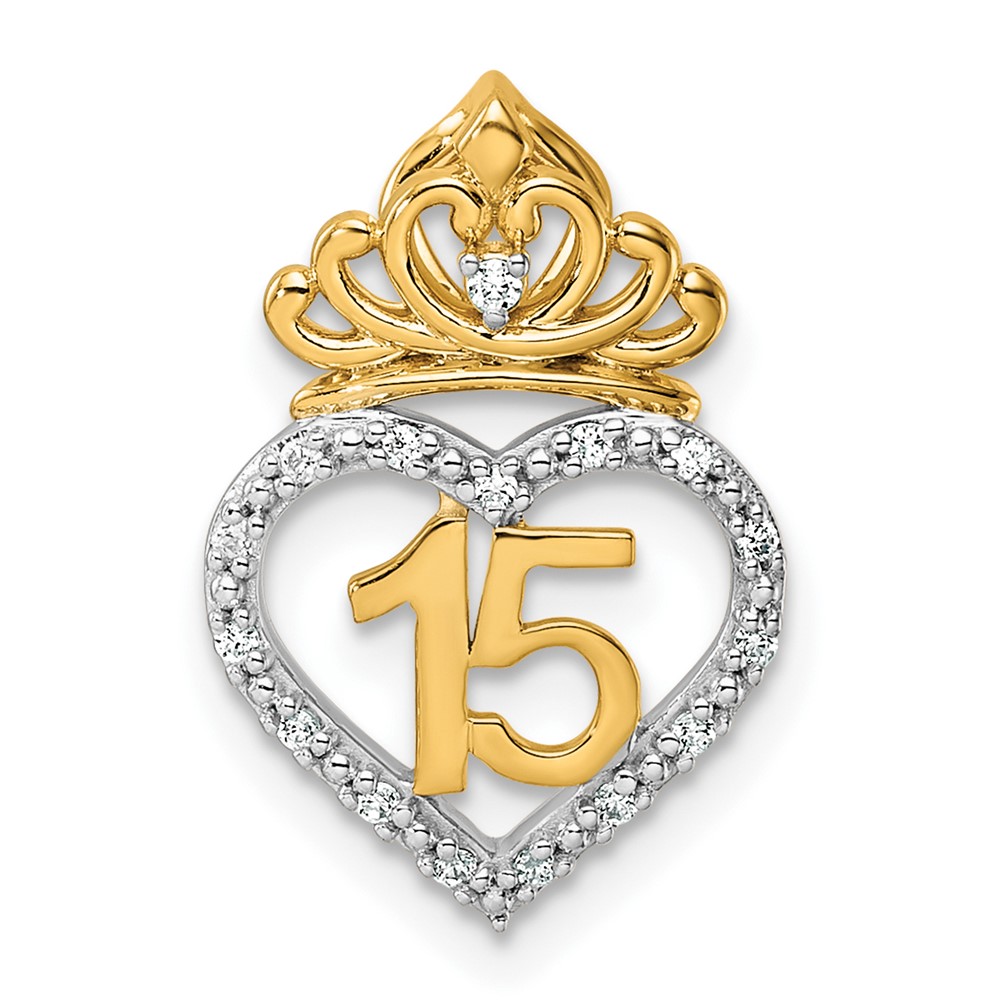 PM10197-008-YWAA.jpg 14K Two-tone 1/15 carat Diamond Quinceanera 15 Heart with Crown Chain Slide - Image 1