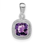 14k White Gold 6mm Cushion Amethyst and Diamond Pendant