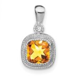 14k White Gold 6mm Cushion Citrine and Diamond Pendant