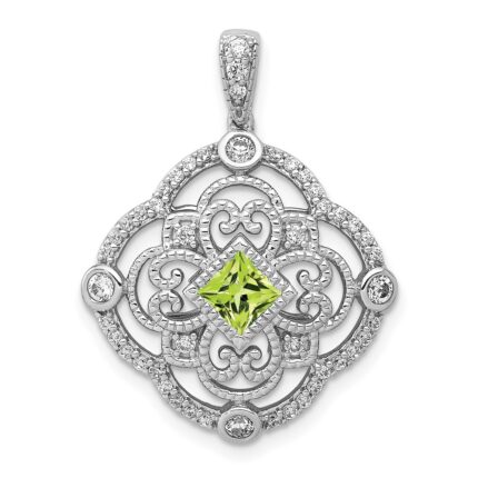 14k White Gold Diamond and 4mm Square Peridot Fancy Filigree Pendant