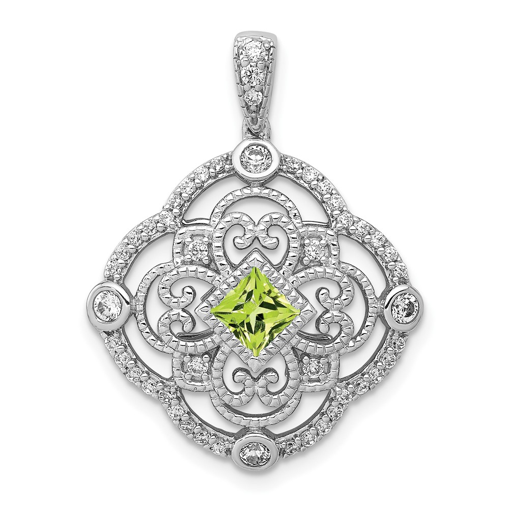 PM3943-PE-038-WA.jpg 14k White Gold Diamond and 4mm Square Peridot Fancy Filigree Pendant - Image 1