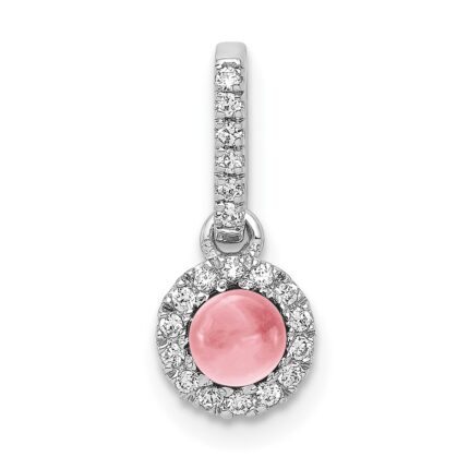 14k White Gold Diamond and 3.7mm Round Cabochon Pink Tourmaline Halo Pendant