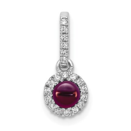 14k White Gold Diamond and 3.7mm Round Cabochon Rhodolite Garnet Halo Pendant