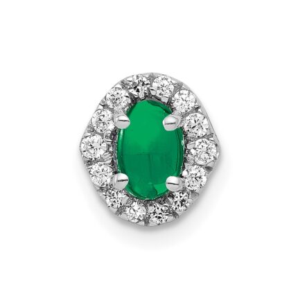 14k White Gold Halo Diamond and Oval Cabochon .73 Emerald Chain Slide