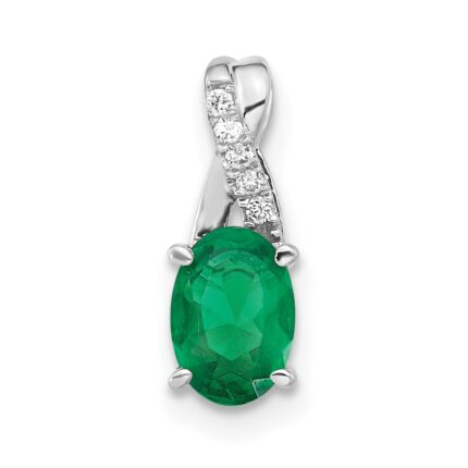 14K White Gold 7x5 Oval May/Lab Created Emerald and Diamond Pendant