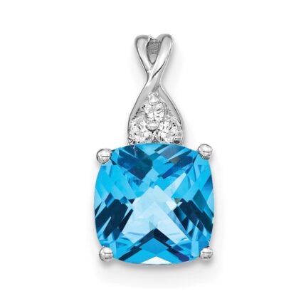 14k White Gold 7mm Cushion Checkerboard December/Blue Topaz and Diamond Pendant