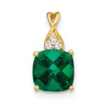 14k 7mm Cushion Checkerboard May/Lab Created Emerald and Diamond Pendant