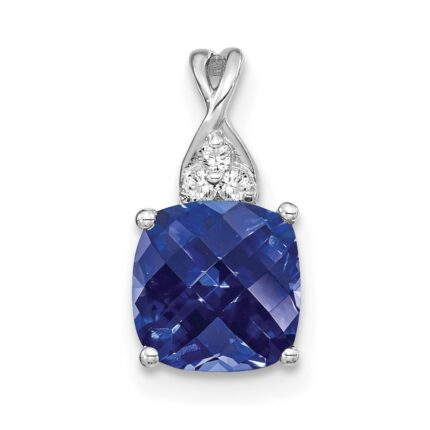 14k White Gold 7mm Cushion Checkerboard September/Lab Created Sapphire and Diamond Pendant