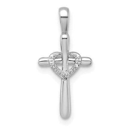 14k White Gold Diamond Cross with Heart Pendant
