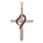 14k Rose Gold Red and White 1/4 carat Diamond Cross with Heart Pendant