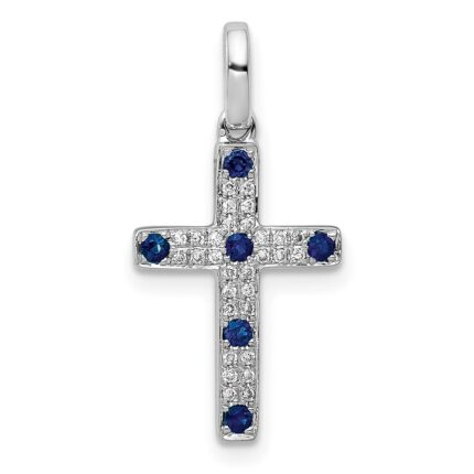 14k White Gold 1/15 carat Diamond and Sapphire Cross Pendant