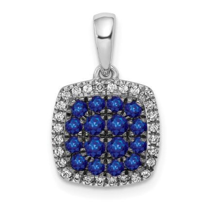 14k White Gold with Black Rhodium Diamond and Sapphire Cluster Square Halo Pendant