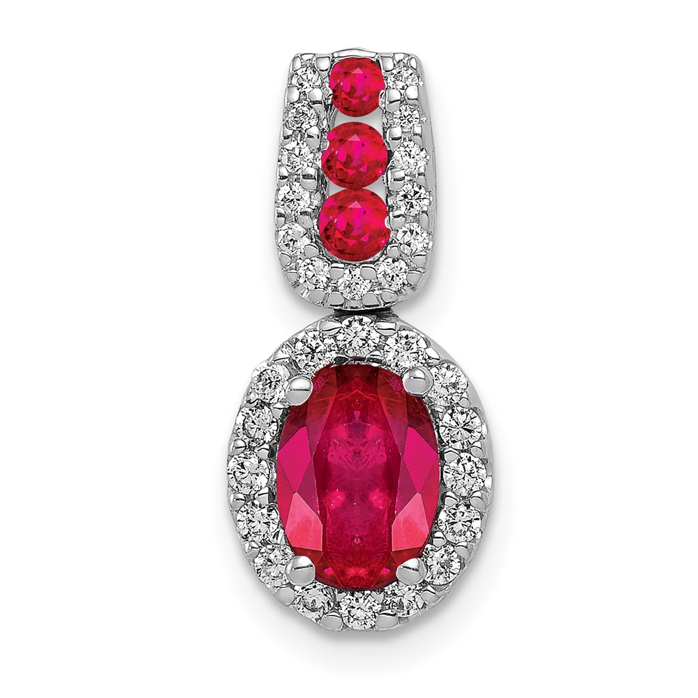 PM5260-RU-020-WA.jpg 14k White Gold 1/5 carat Lab Grown Diamond VS/SI+ G+ and Lab Created Ruby Oval Halo Pendant - Image 1