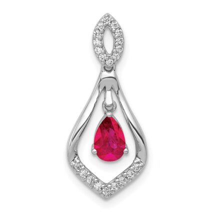 14k White Gold Diamond and 6x4mm Pear Ruby Teardrop Dangle Pendant