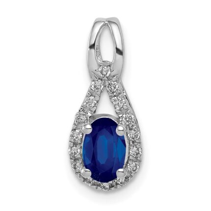 14k White Gold Diamond and Oval Sapphire Teardrop Halo Pendant