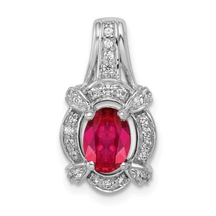 14k White Gold Polished Diamond and 7x5mm Oval Ruby Vintage Pendant