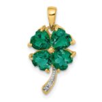 14k Lab Created Heart Emerald and Diamond Four Leaf Clover Pendant