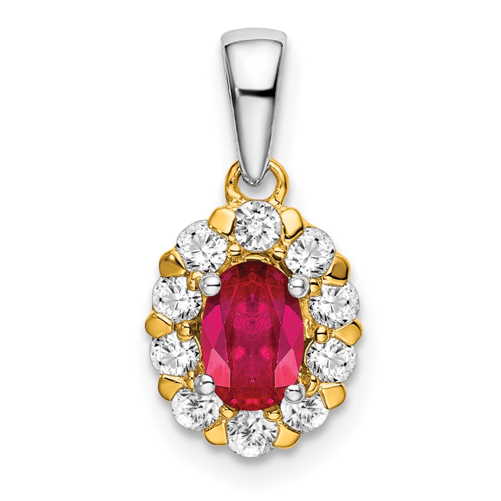 PM6990-RU-035-YWA.jpg 14k Two-tone Oval Ruby and Diamond Halo Pendant - Image 1
