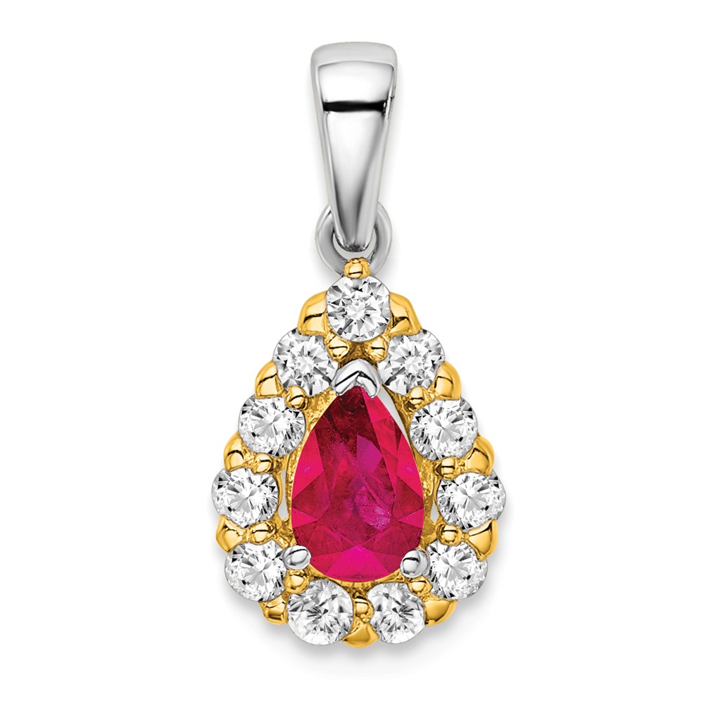 PM6991-RU-038-YWA.jpg 14k Two-tone Pear Ruby and Diamond Halo Pendant - Image 1
