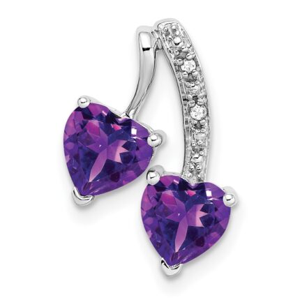 14k White Gold Amethyst and Diamond 2-Hearts Pendant