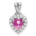 14k White Gold 1/5 carat Lab Grown Diamond VS/SI+ G+ and Lab Created Pink Sapphire Complete Fashion Heart Pendant