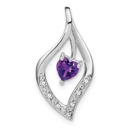 14k White Gold Heart 5mm Amethyst and Diamond Leaf Chain Slide