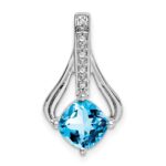 14k White Gold 7mm Cushion Blue Topaz and Diamond Pendant Fits up to 4mm Fancy Omega Only