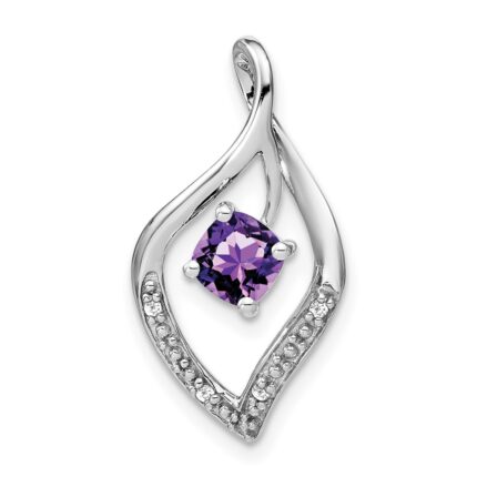 14k White Gold 5mm Cushion Amethyst and Diamond Leaf Chain Slide