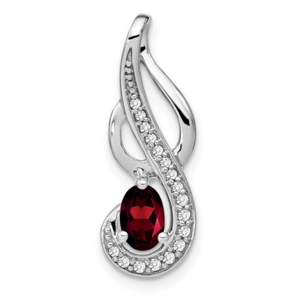 14k White Gold 6x4mm Oval Garnet and Diamond Swirl Chain Slide