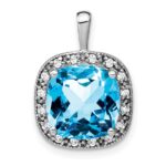 14k White Gold 10mm Cushion Blue Topaz and Diamond Halo Pendant